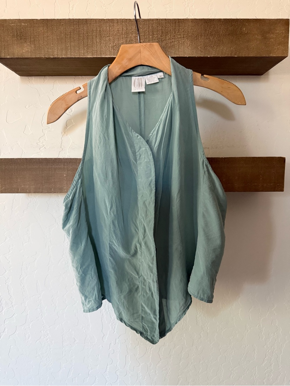Vintage 100% SILK sleeveless vest style button down top,Sage Mint•••Medium